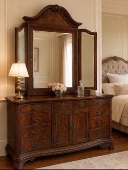 Traditional Wood Dresser with Tri-Fold Mirror