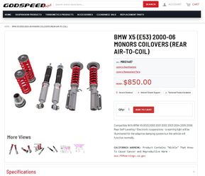 (Open Box) Godspeed MRS1487 MonoRS Damper Lowering Coilovers Kit (Rear Air-to-Coil) Strut Shock Spring Suspension For BMW X5 (E53) 2000-06