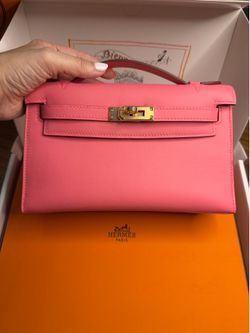 Hermes Kelly Pochette Rose Azalée Swift GHW