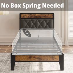 Twin Platform Bed with Upholstered Tufted Headboard, No Box Springs Needed, Sturdy, Noise-Free, Vintage Brown and Gray