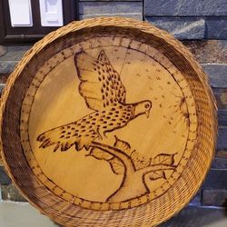 Vintage Burning Art ( Pyrography)  On Wood Decorative Basket 13 In In Diameter