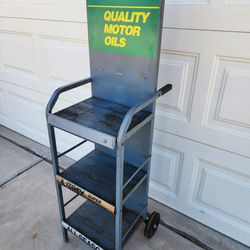 BP Gas Station Vintage Motor Oil Display Stand Wheeled Rack
