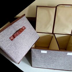 Set of 2 Foldable Fabric Storage Box Organizer Double Lids Removable Divider Handles