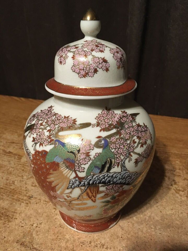 Vintage Japanese Porcelain Wear Urn Ginger Jar With Lid Birds And Flowers