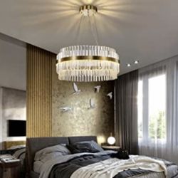 WABON Modern Crystal Chandelier, 2-Tier Crystal Pendant Lighting Fixture in Gold, Round Adjustable Hanging Lighting Fixture for Living Room Dining Roo