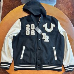 True Religion Men's Black & White Hooded Varsity Jacket Size XL NWT $199 #239/2