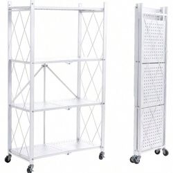 4-Shelf Foldable Storage Shelves With Wheels, Folding Metal Rack Shelving Unit, Heavy Duty No Assembly Organizer Shelf For Garage, Kitchen, Pantry, Wh