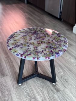Handmade Epoxy Resin Floral Side Table with Real Preserved Flowers