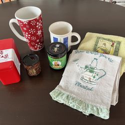 Tea Time Lot—Tomentose Plummelo Fruit Tea, Honey Mint Tea, Towels, Mugs