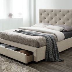 Brand New Beige Queen Platform Storage Bed Frame