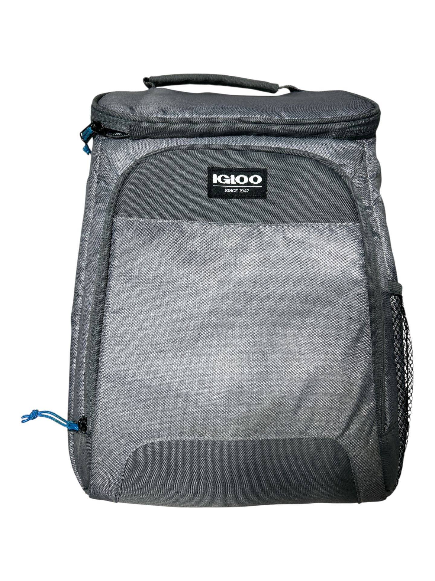 Igloo Grey Soft Backpack Cooler with side mesh pocket as well as a front insulated pocket