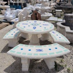Concrete Mosaic Picnic Table with 3 Benches/ Outdoor Patio Furniture