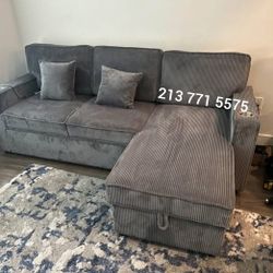 2-Pc Corduroy Sectional Sofa With Pullout Bed, Reversible Chaise, And USB Port Brand New ‼️