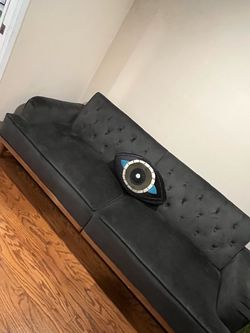 Gray Velvet Tufted Sofa with Wood Base