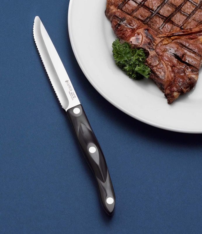 NEW CUTCO Model 2159 Steak Knife with Classic Brown Black handle in factory-sealed plastic bag. 4.9" High Carbon Stainless Double-D® serrated edge bl