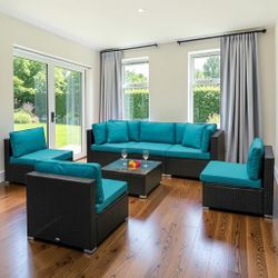 Teal Color Indoor / Outdoor Rattan Sectional Sofa Set with Coffee Table
