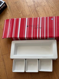Macy's Ceramic Dipping Set White Stars Rectangular Tray w/ 3 Bowls Glossy