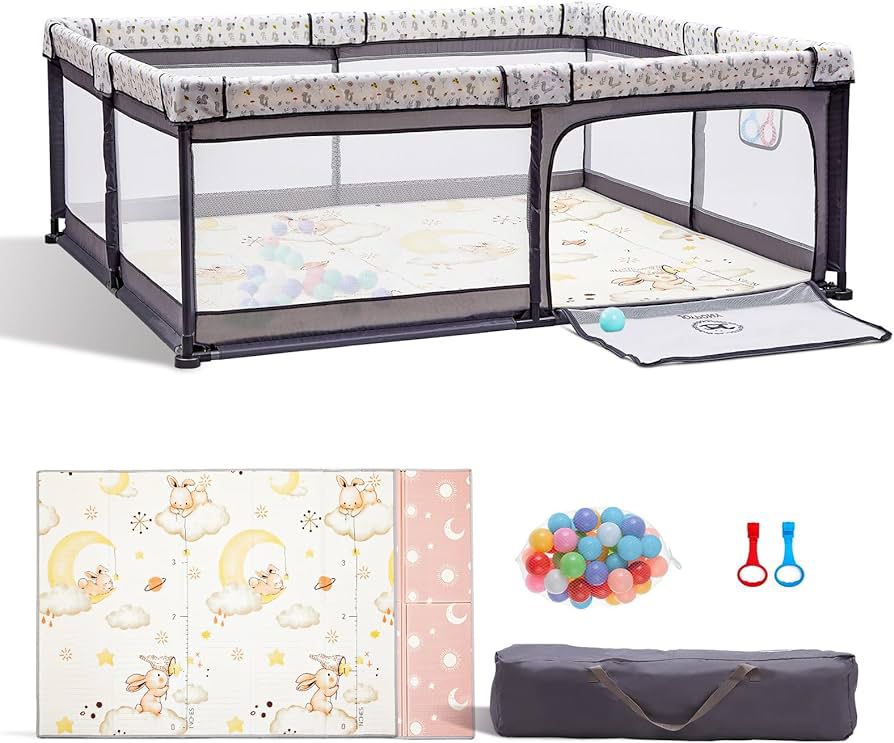  5 in 1 Baby Playpen with a Mat, 71"x59" Large PlayPen for Babies and Toddlers, Outdoor Baby Play Yard for Baby Activity Center, Sturdy Safety Baby F