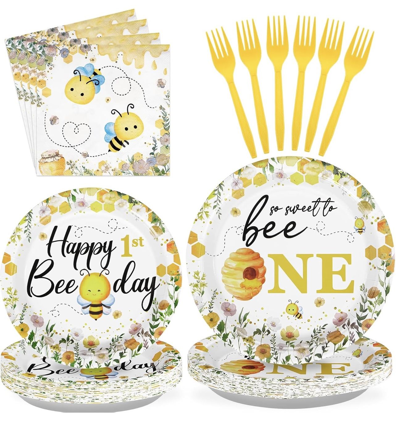96Pcs Bee 1st Birthday, Plates & Napkins Tableware Sets, Party Decorations - NWT