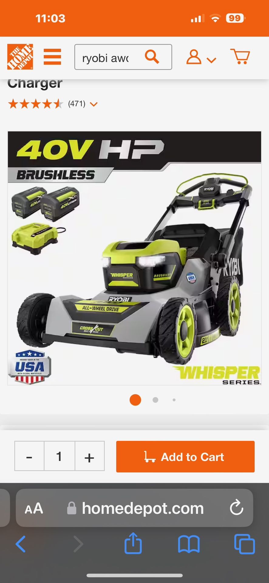 Ryobi Lawnmower 4fwd New Open Box Comes With (2) 6.0 Ah Batteries And 2 Fast Chargers