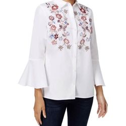 Charter Club Womens Embroidered Button Up Shirt White 16W