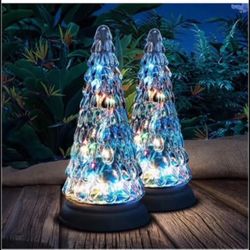 Brandnew Glass Tree Figurine Solar Powered, 2 Pack Solar Table Lamp with Fairy Light Gift Waterproof for Tabletop Step Garden Patio Lawn