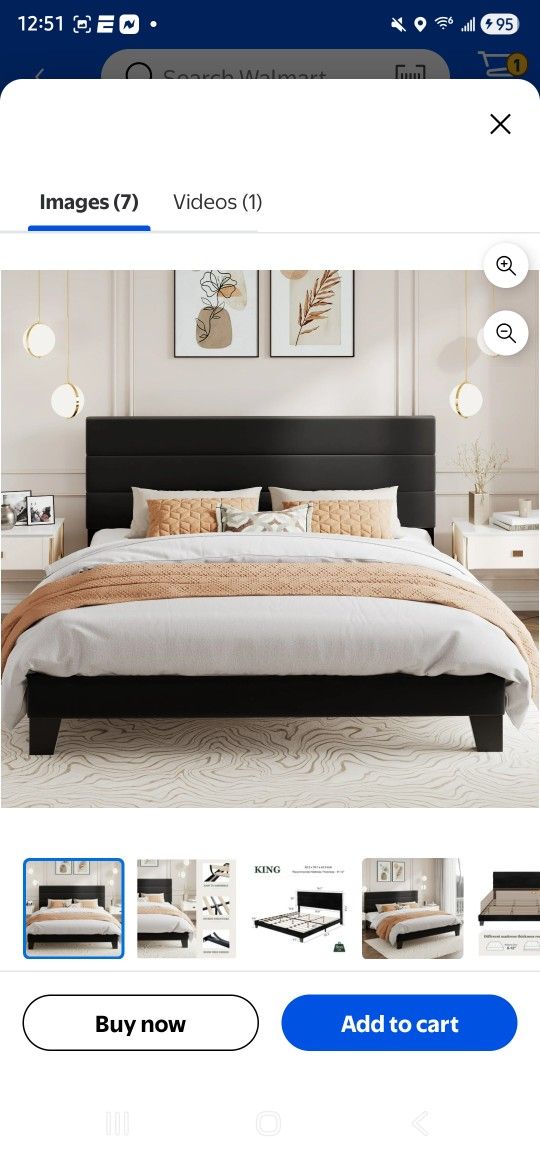 Amolife King Bed Frame, Platform Bed Frame with Velvet Upholstered Headboard, Black