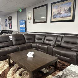 Brown Leather Sofa Sectional w/ 3x Power Recliners