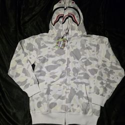 Bape Shark Full Zip-Up Hoodie, White & Gray Glow In The Dark Camo, Size XL & XXL