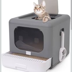 Foldable cat litter box with front door and top entrance, removable drawer type, cat toilet with lid, easy-to-clean and anti-splash litter tray with s