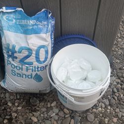 #20 New Bag of Pool Filter Sand and Bucket of Pool Chlorine Tablets