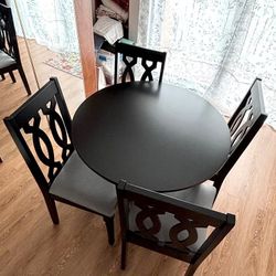 Wooden Kitchen Round Table, Four - 4 Chairs, Color Black Noir.