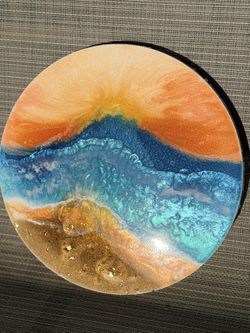 🌅 Golden Sunset Resin Ocean Wall Art – 12” Round Canvas – Handmade
