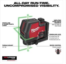 Milwaukee Green Beam Laser Cross Line Plumb Point USB Rechargeable