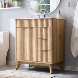 30" Fluted Bathroom Vanity with Ceramic Sink Combo，Freestanding Modern Bathroom Storage Vanity Cabinet with 2 Soft Closing Doors & 3 Drawers