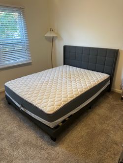 Lightly Used Queen Platform Bed Set – Upholstered Frame, Mattress & Bunkie Board