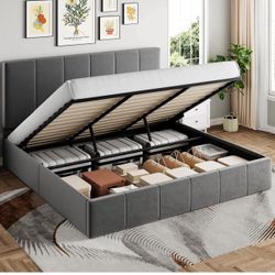King Size Lift Up Storage Bed Frame, Hydraulic Support, Velvet Upholstered, Gray