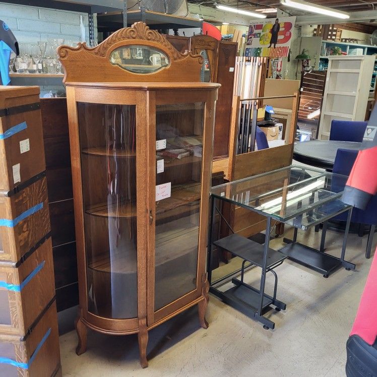 Antique Oak Curved Glass China Curio Cabinet. American