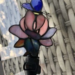 J.J. Peng Hand Made Stained Glass Nightlight Butterfly on an Iris