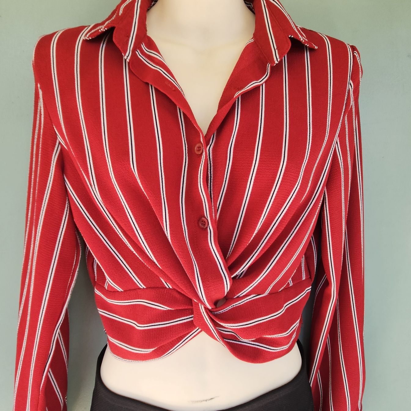 LADIES BLOUSE Red w/white black Stripes