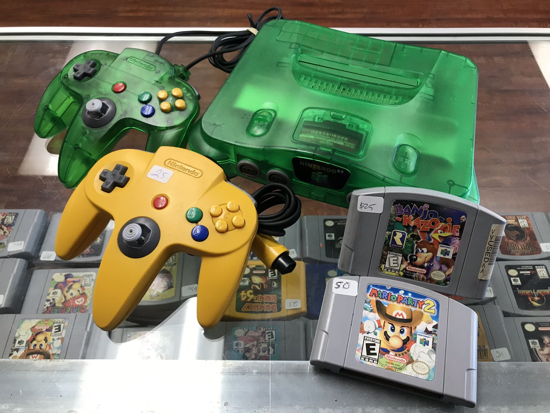 Rare Jungle Green N64 + Banana Yellow Controller, Mario Party 2, Banjo Kazooie
