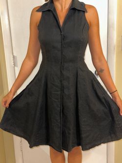 Jones New York Petite Black 100% Linen Sleeveless Button-Down Flare Dress 8P