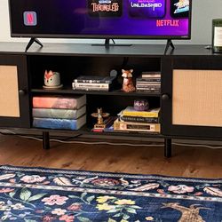 Black TV stand/console with Rattan Accents