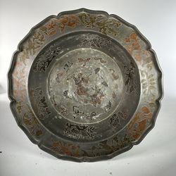 Antique Chinese Pewter Basin Inlaid W Brass & Copper Scholar Fish Qing Dynasty