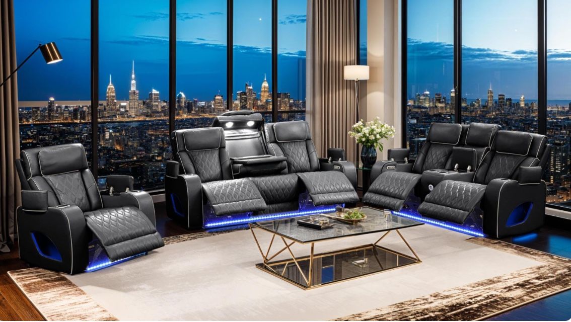New Black Power Sofa & Love Seat With Massage Feature, Bluetooth Speakers, Heated Seats, Wireless Charging And More!