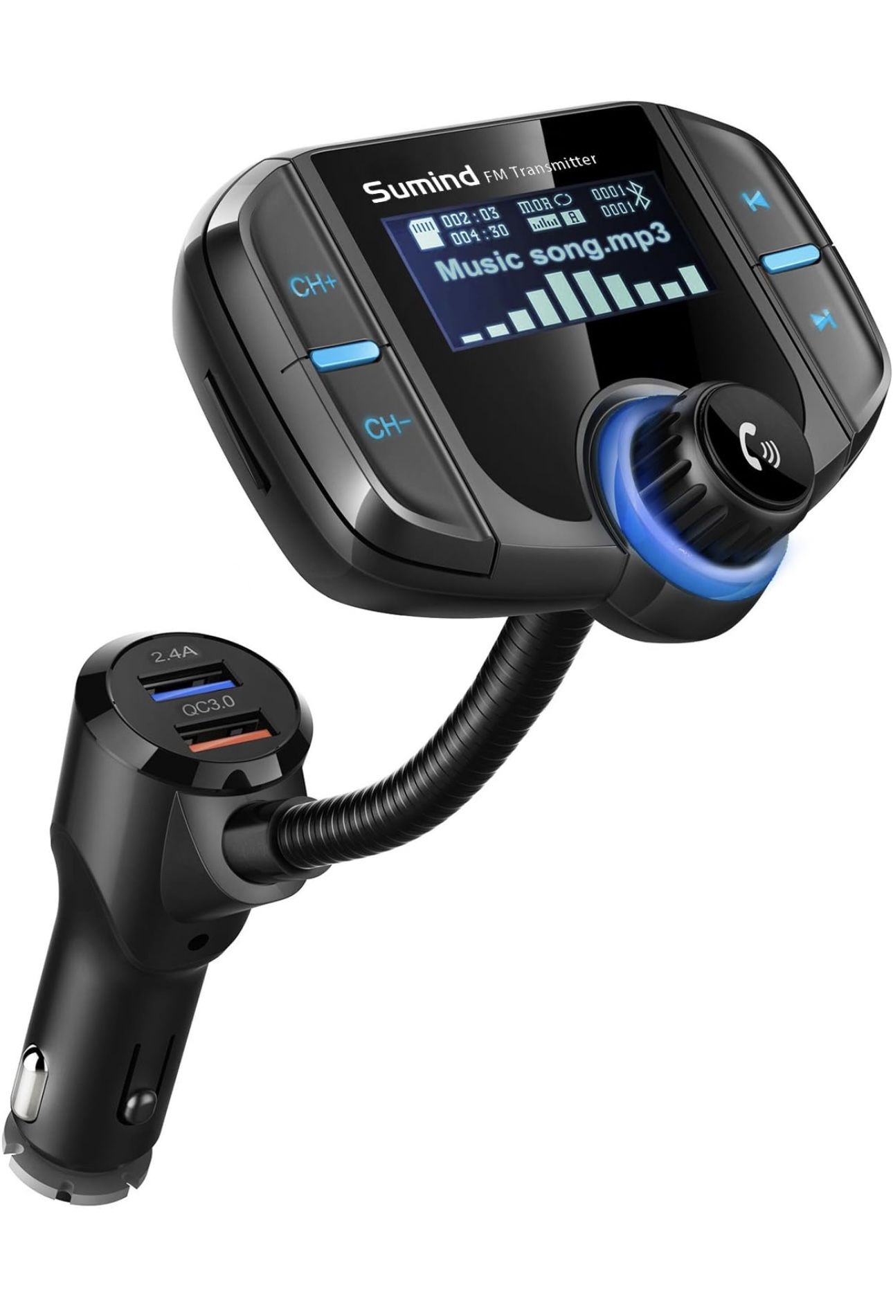 (Upgraded Version) Bluetooth FM Transmitter, Sumind Wireless Radio Adapter Hands-Free Car Kit with 1.7 Inch Display, QC3.0 and Smart 2.4A Dual USB Por