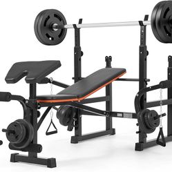7 In 1 Weight Bench Set with Squat Rack and Preacher Curl Workout Bench with Leg Extension and Leg Curl Adjustable Weight Bench with Barbell Rack Safe