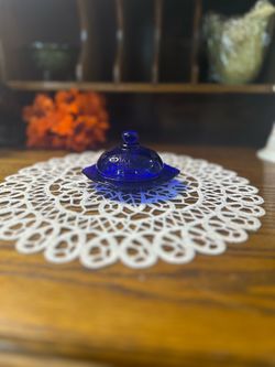 Vintage Miniature Cobalt Blue Glass Covered Butter Dish