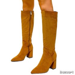 New SZ 10 Knee High Point -Toe Stretch Boot Brown Faux Suede Eu41