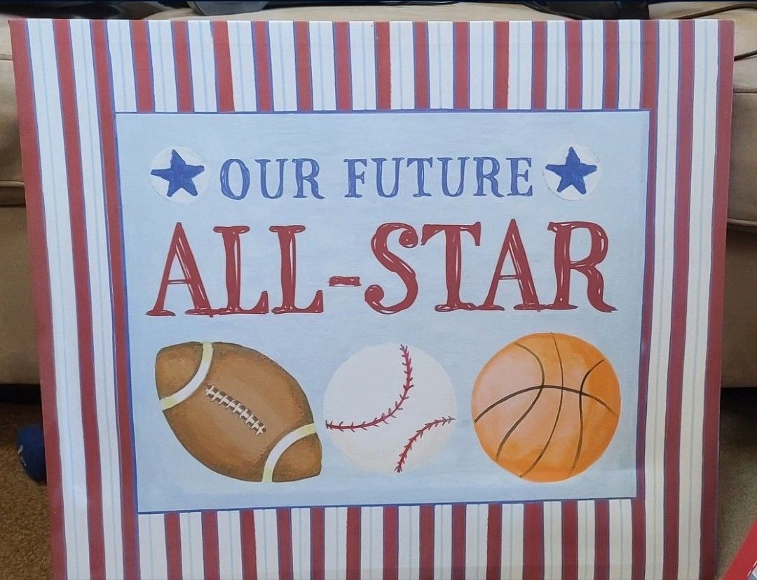 Sports Sign Measures approximately 16” H x 20” W x 2” D. Baseball basketball football